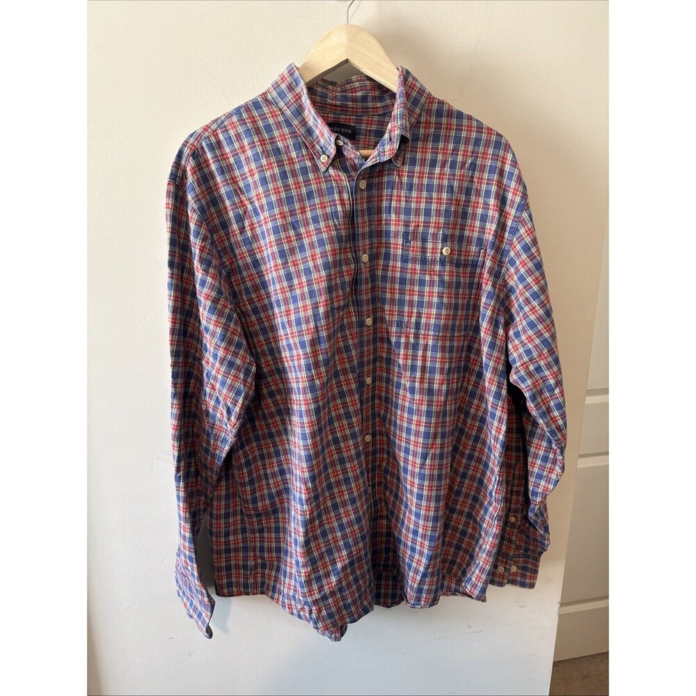 Lands End Red Blue Plaid Button Down Shirt Mens XL 17-17.5